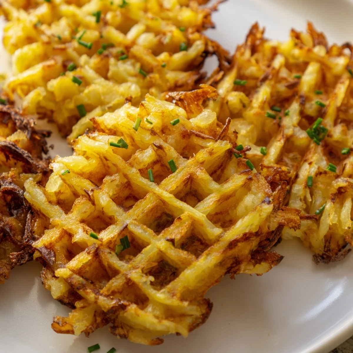 Golden brown waffle iron hashbrowns showing perfect crispy waffle texture on plate
