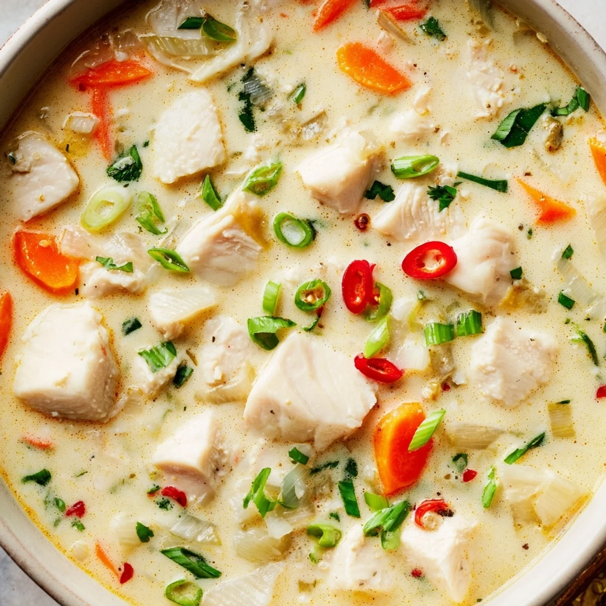 Creamy coconut lime fish soup with tender white fish pieces in a fragrant broth garnished with fresh cilantro.