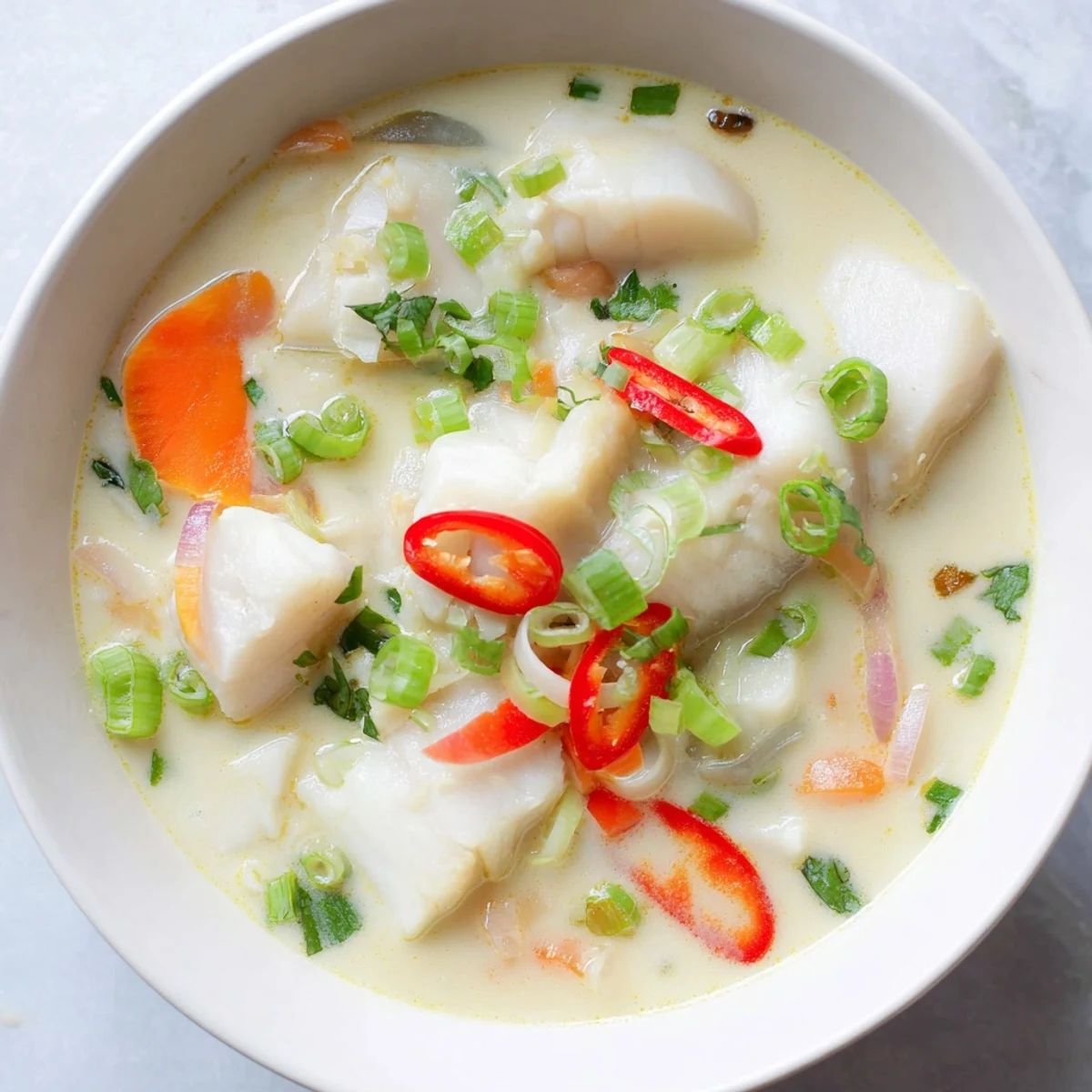 Bowl of silky Southeast Asian coconut lime fish soup featuring colorful vegetables and zesty lime wedges on top.