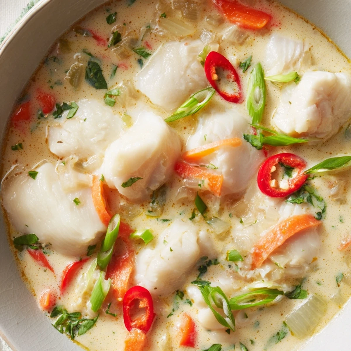 Steaming creamy coconut lime fish soup served with vibrant red bell pepper slices and scattered green onions.