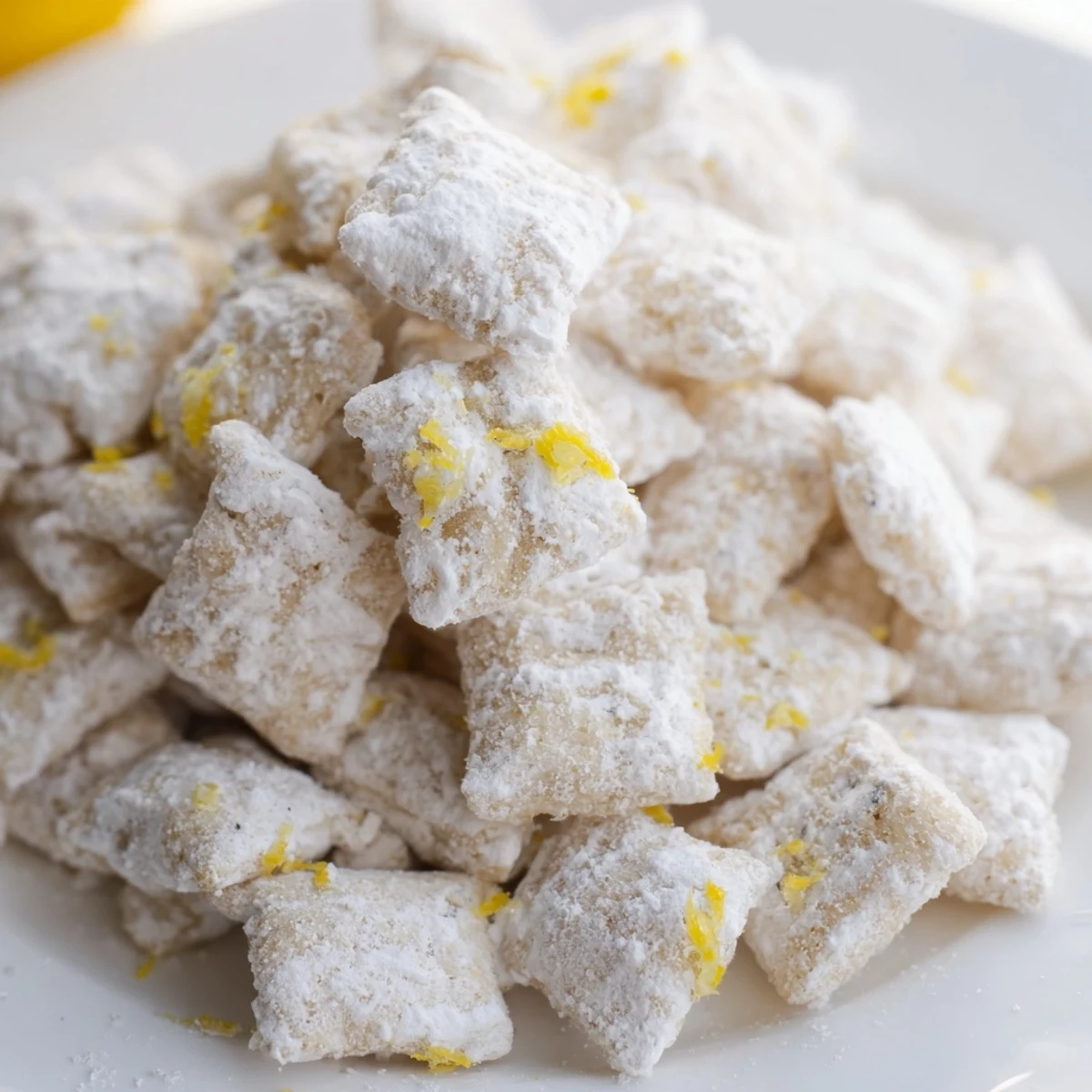 Bright yellow lemonade puppy chow snack mix in a white serving bowl