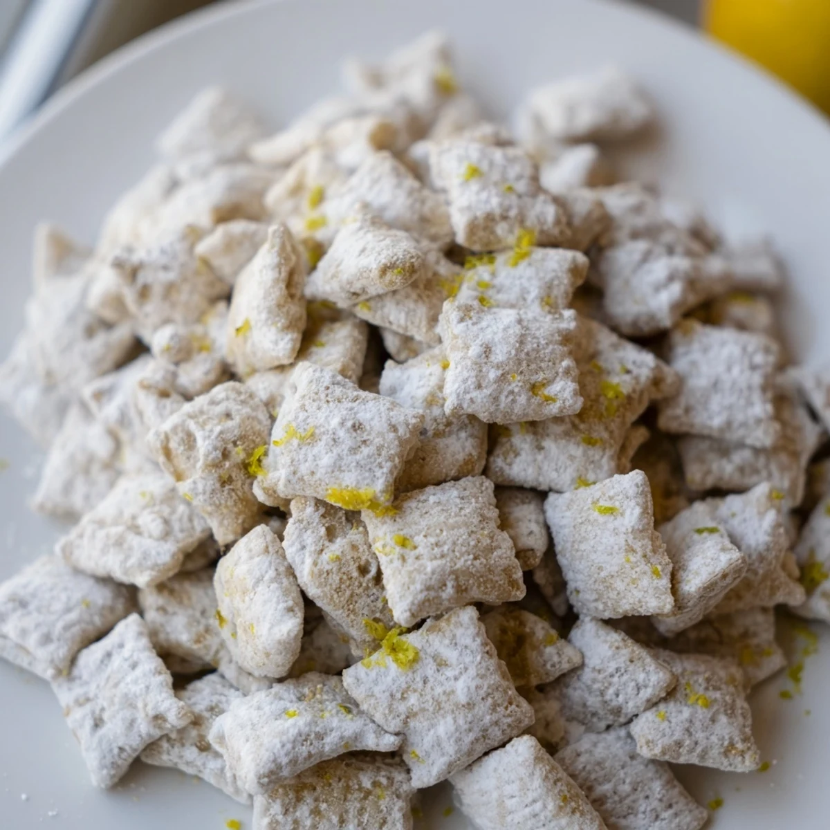 White chocolate coated lemonade puppy chow with powdered sugar on a wooden board