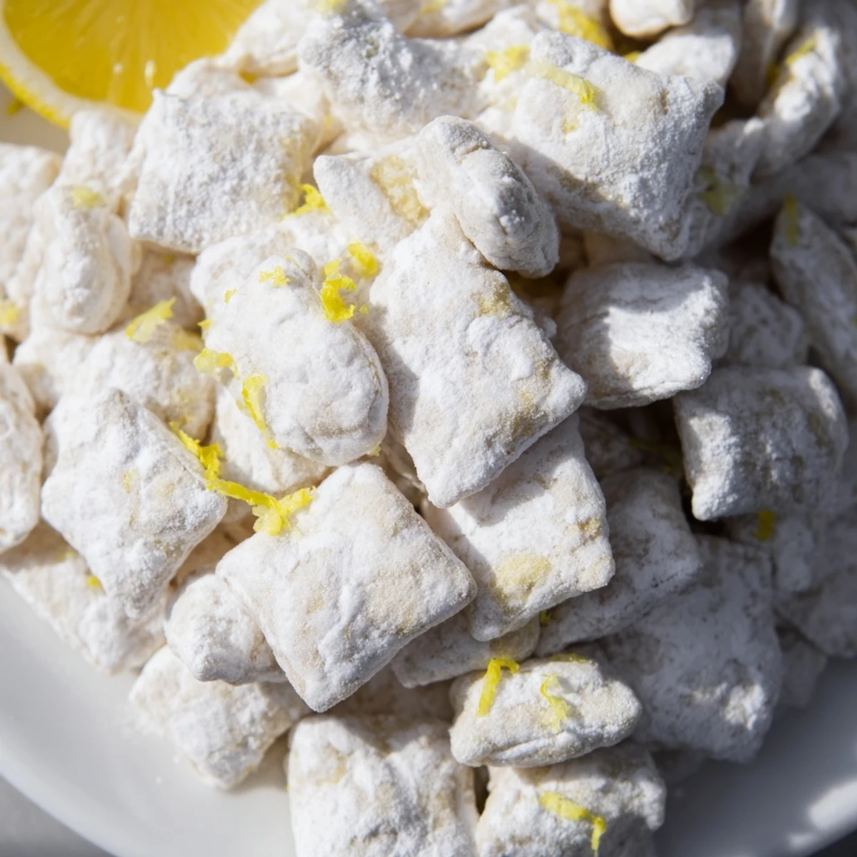 Close up of zesty lemonade puppy chow with white chocolate and lemon zest