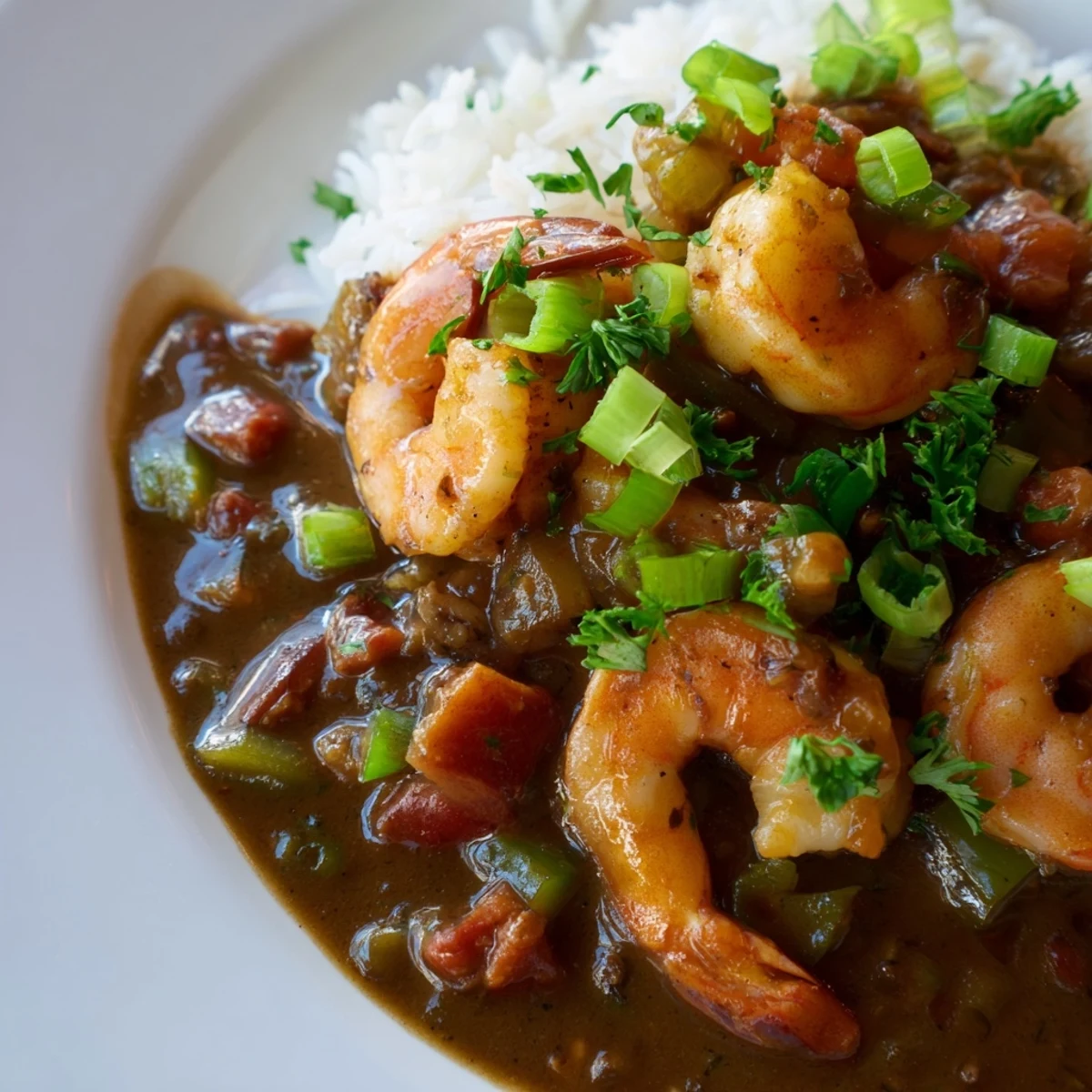 Succulent Shrimp Étouffée in rich brown sauce over fluffy white rice garnished with green onions