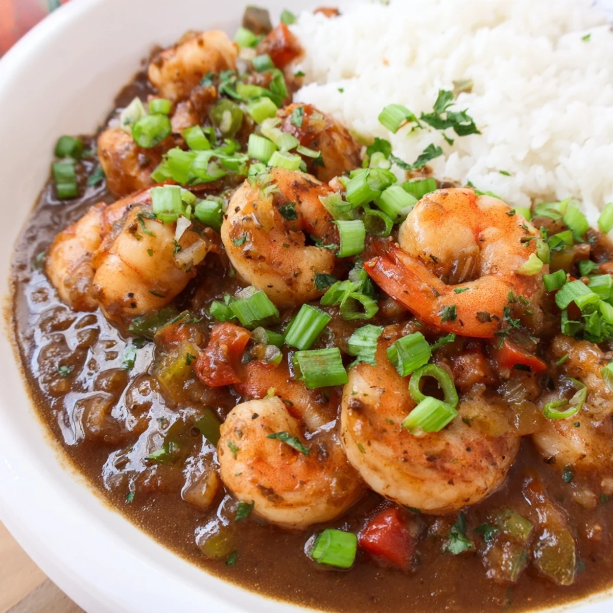 Classic Louisiana Shrimp Étouffée featuring plump shrimp in spicy roux with vegetables served over steaming rice