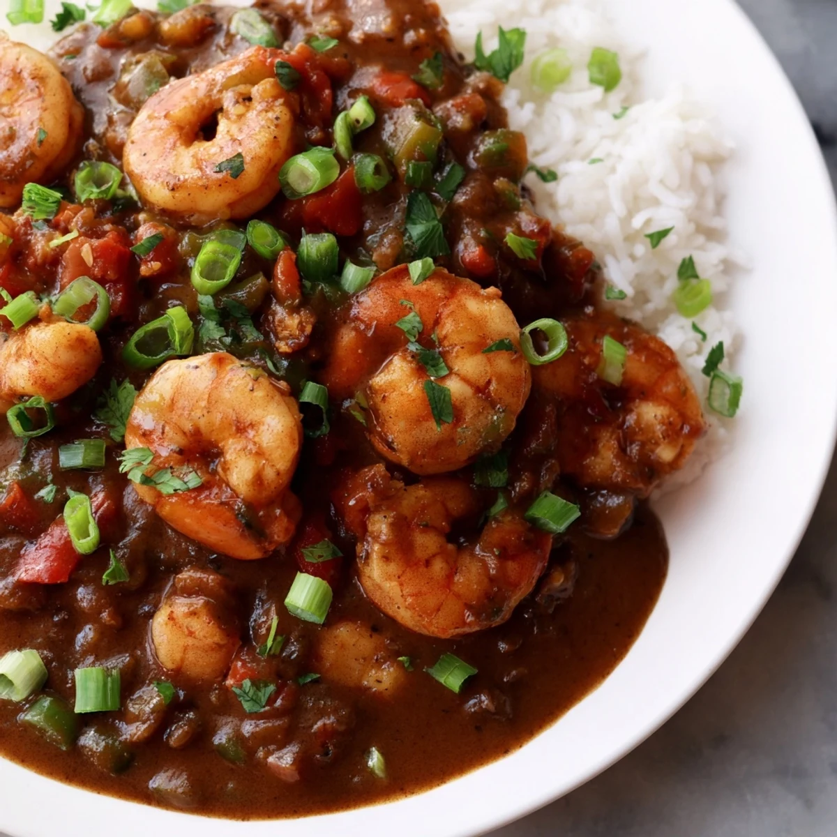 Golden Shrimp Étouffée with tender shrimp and Cajun spices ladled over a bed of white rice