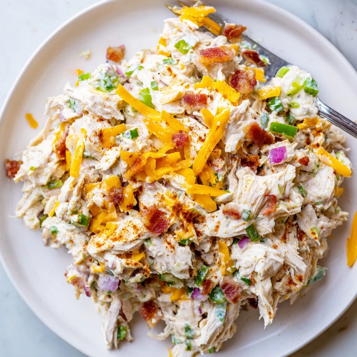 Creamy jalapeno popper keto chicken salad topped with crispy bacon and fresh cilantro in a white serving bowl