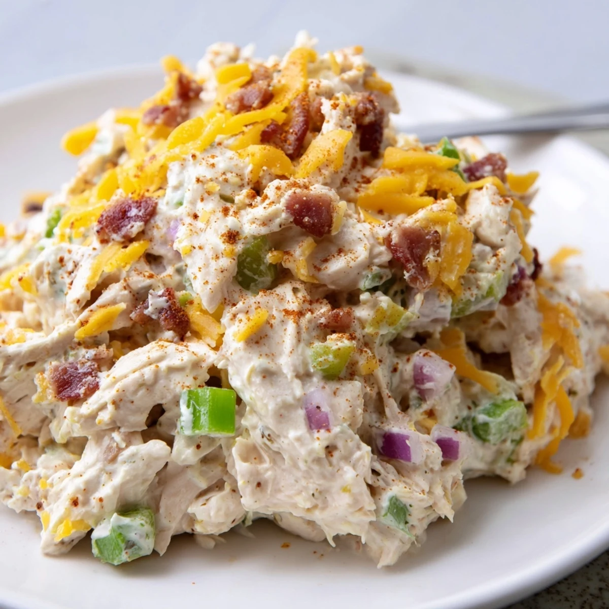 Keto jalapeno popper chicken salad plated with avocado slices and garnished with extra red onion and lime
