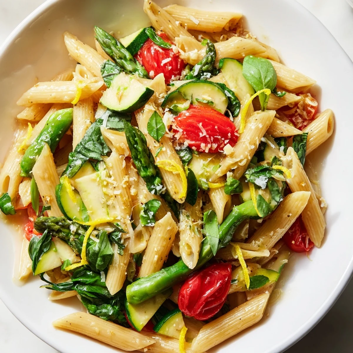 Golden one pot spring vegetable pasta toss featuring asparagus snap peas and cherry tomatoes
