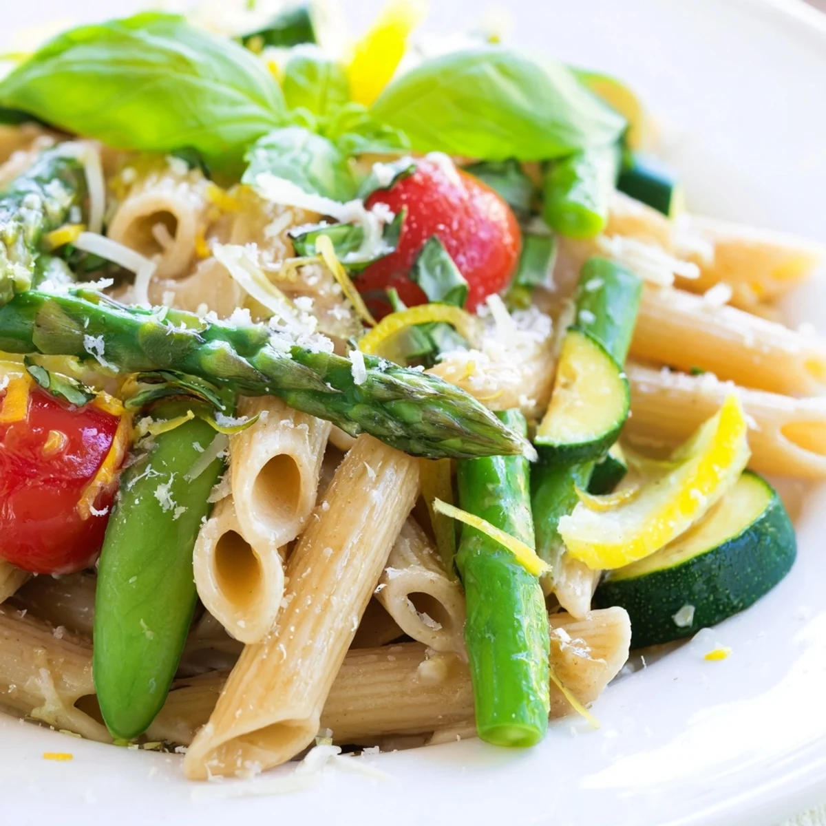 Vibrant one pot spring vegetable pasta dish garnished with basil lemon zest and vegetables