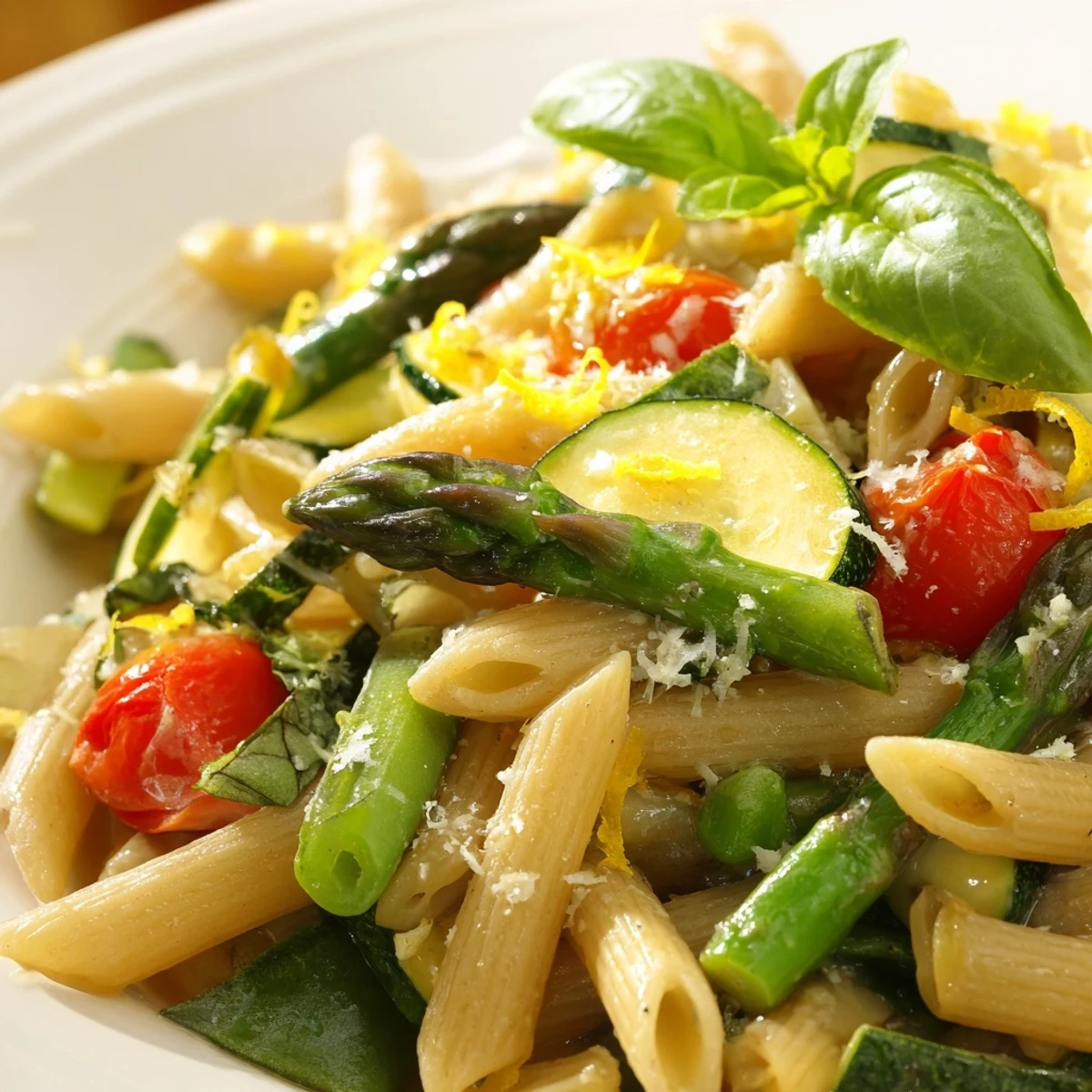 Creamy one pot spring vegetable pasta with fresh zucchini spinach and grated Parmesan topping