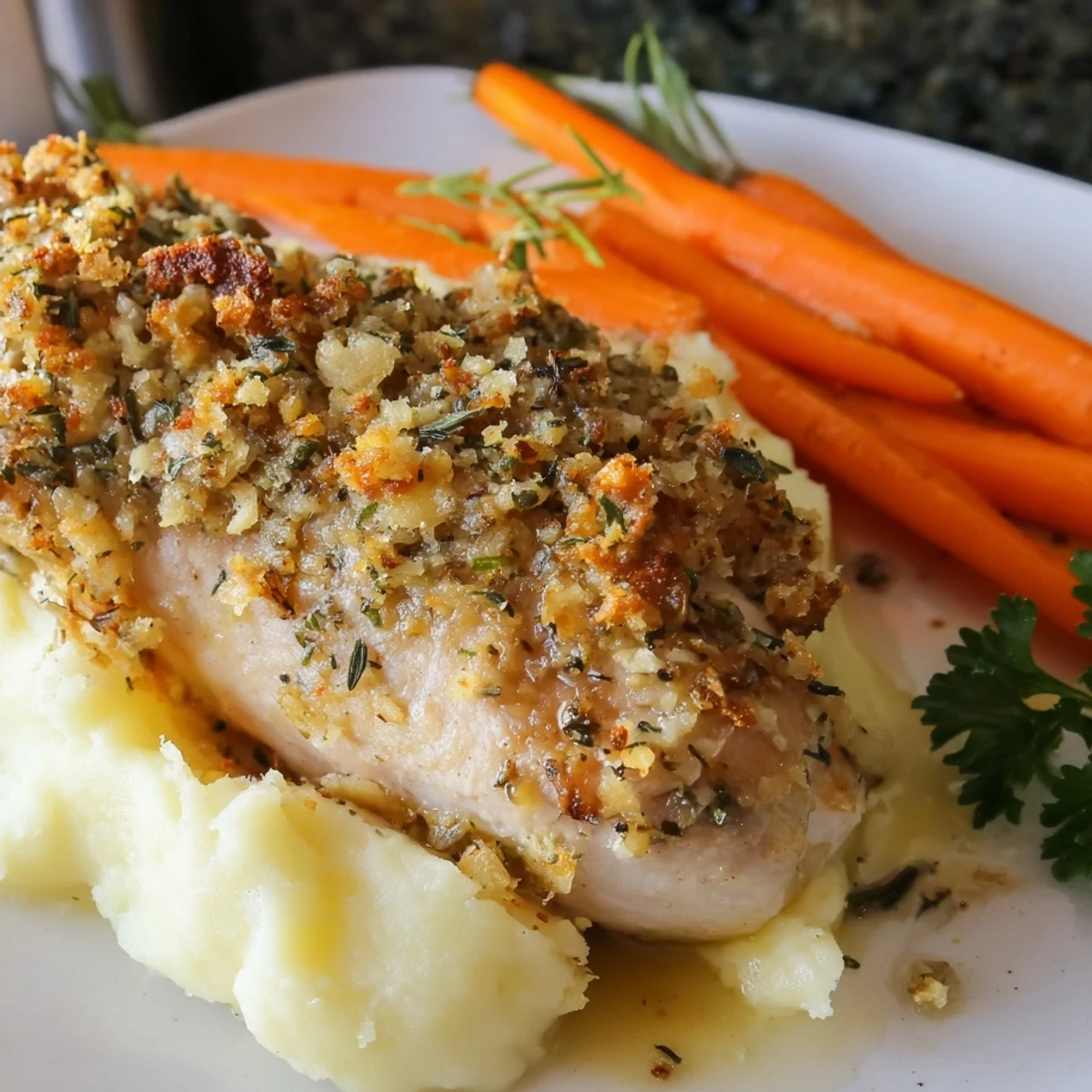 Golden herb-crusted chicken resting beside fluffy mashed potatoes and honey-glazed orange carrot sticks