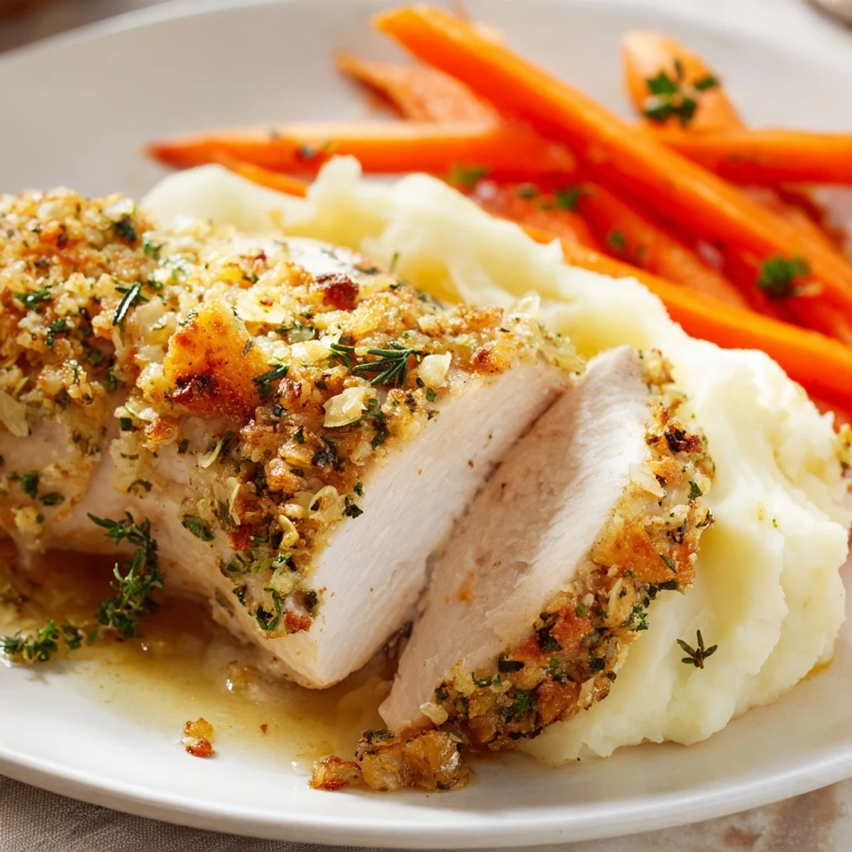 Comforting meal of roasted rosemary chicken breast with buttery potatoes and glossy honey carrots arranged on rustic platter