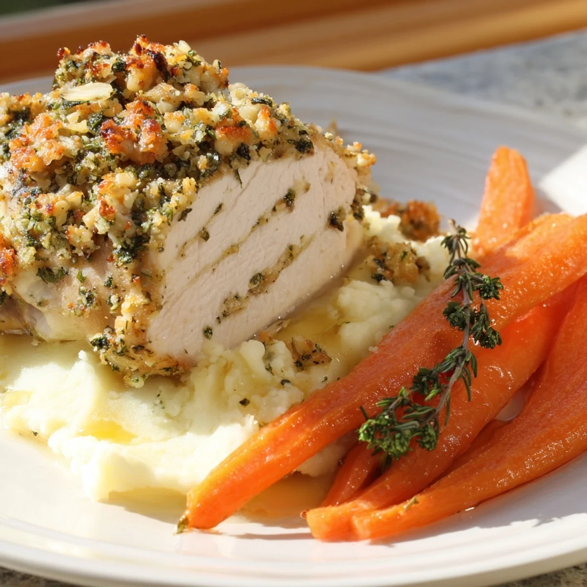 Juicy garlic herb chicken plated atop creamy mashed potatoes with sweet glazed carrots on a white dinner plate