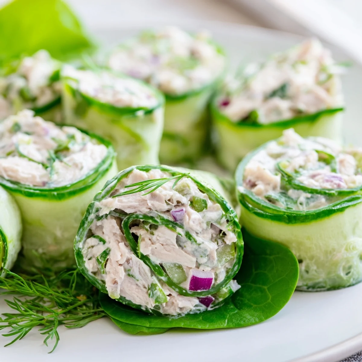 Fresh cucumber ribbons wrapped around creamy chicken salad for an easy low carb appetizer
