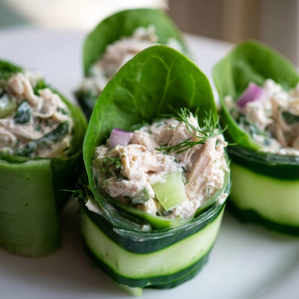 Garden-fresh cucumber rolls stuffed with savory chicken salad, perfect for gluten-free party appetizers