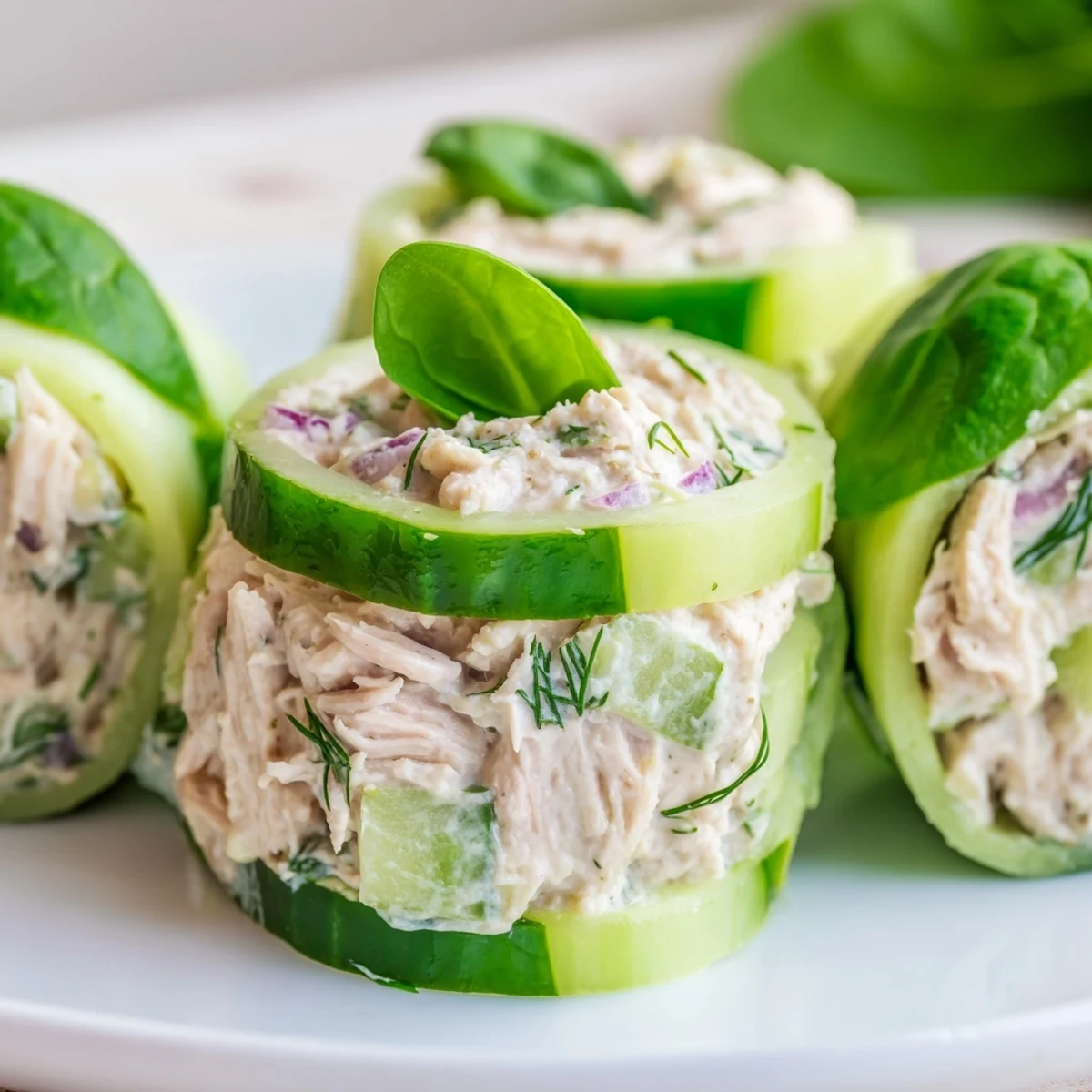 Crisp English cucumber slices filled with herbed chicken salad, a healthy light lunch or snack