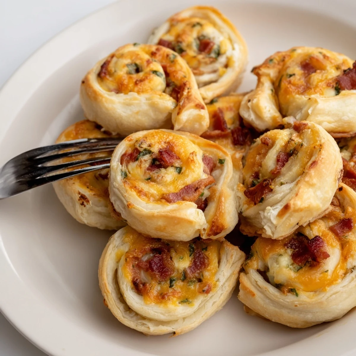 Freshly baked appetizer pinwheels sliced into rounds showing layers of green peppers and cheese filling
