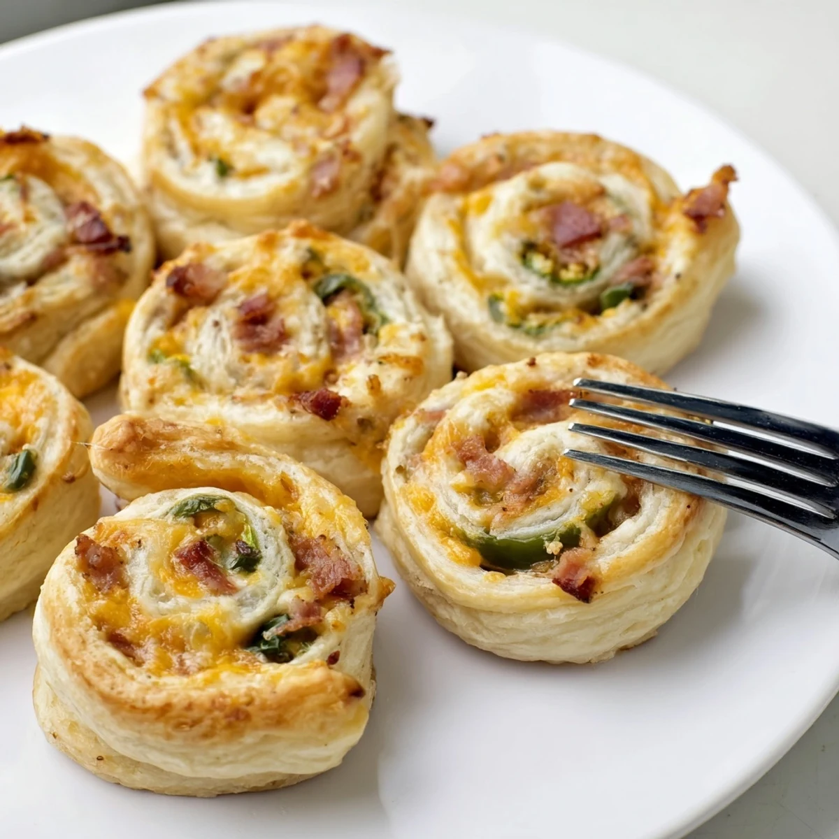 Flaky puff pastry spirals stuffed with spicy jalapeños and creamy cheese mixture on serving platter