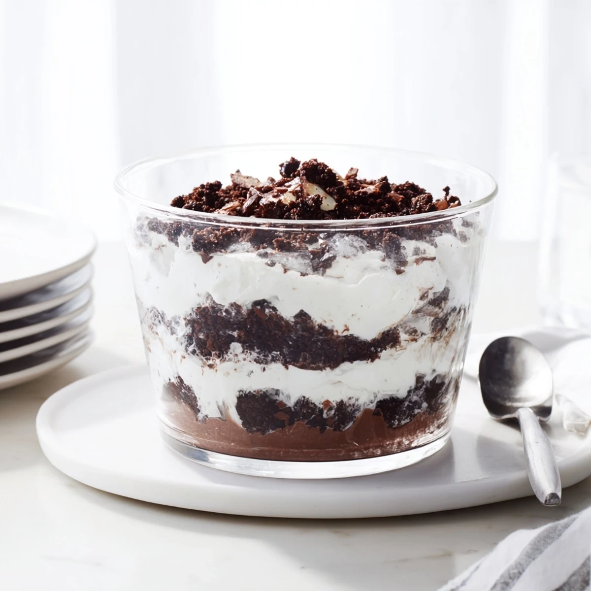 Glass bowl displaying layered keto dirt cake with chocolate pudding and whipped cream topped with chocolate almond crumble