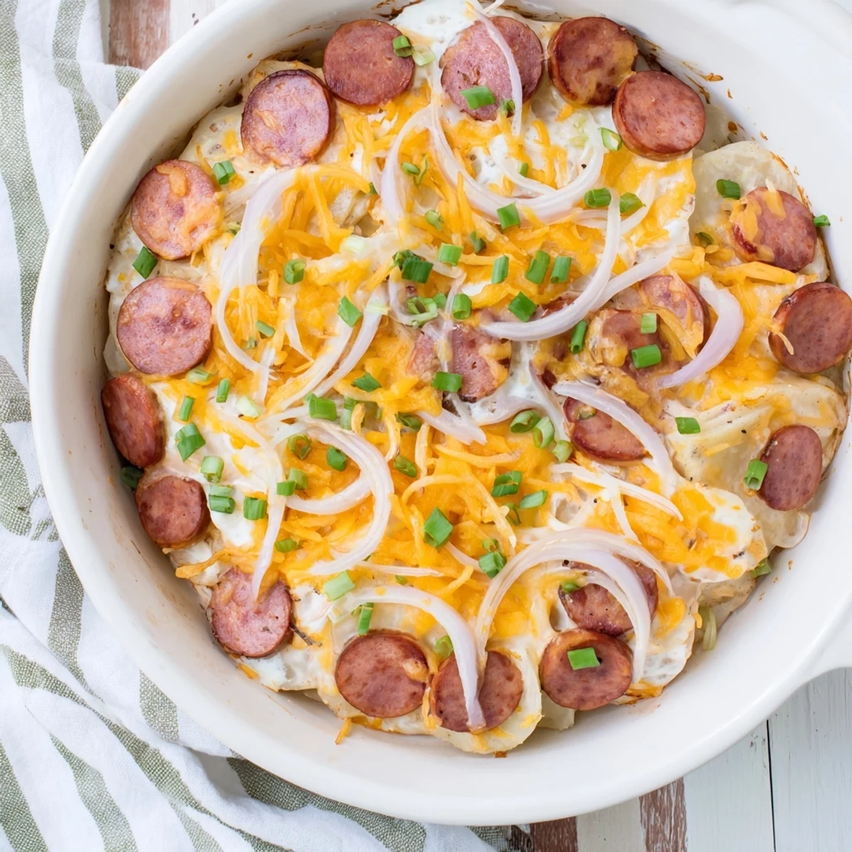 Golden cheesy Crock Pot Pierogi Casserole with Kielbasa bubbling with melted cheddar and sour cream