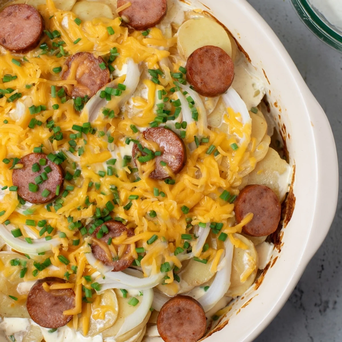 Creamy pierogi and kielbasa casserole topped with melted cheese and fresh chive garnish