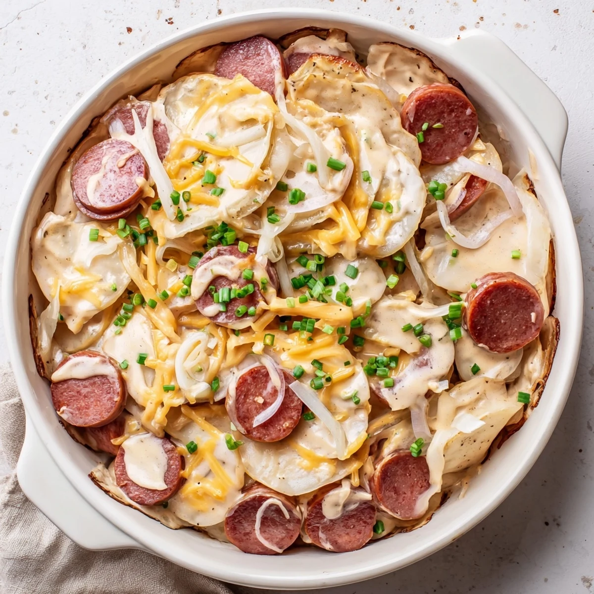 Hearty slow cooker pierogi casserole layered with smoky sliced kielbasa and caramelized onions