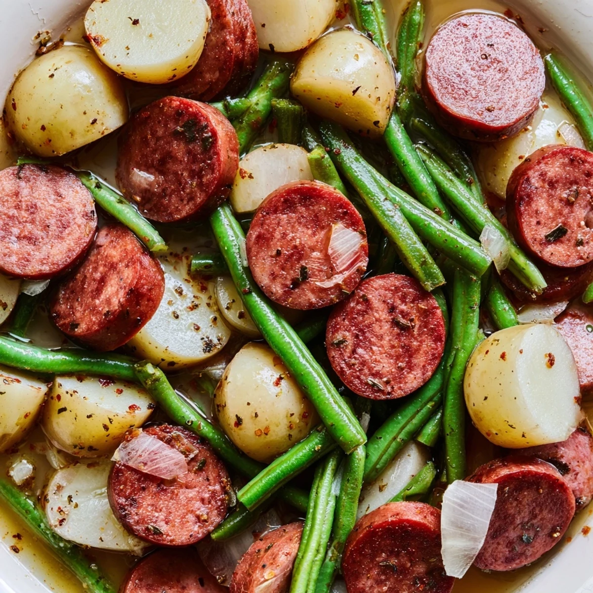 Slow cooker Crockpot Kielbasa and Green Beans with tender baby potatoes in savory broth