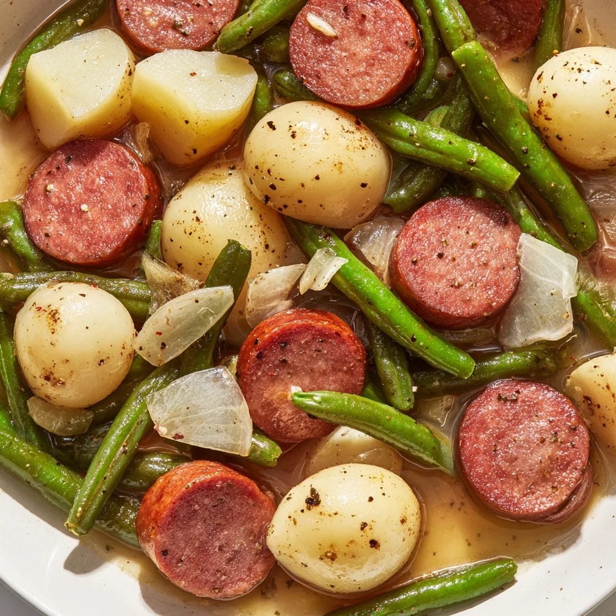 Golden brown sliced kielbasa sausage nestled with crisp green beans and potatoes in Crockpot Kielbasa and Green Beans