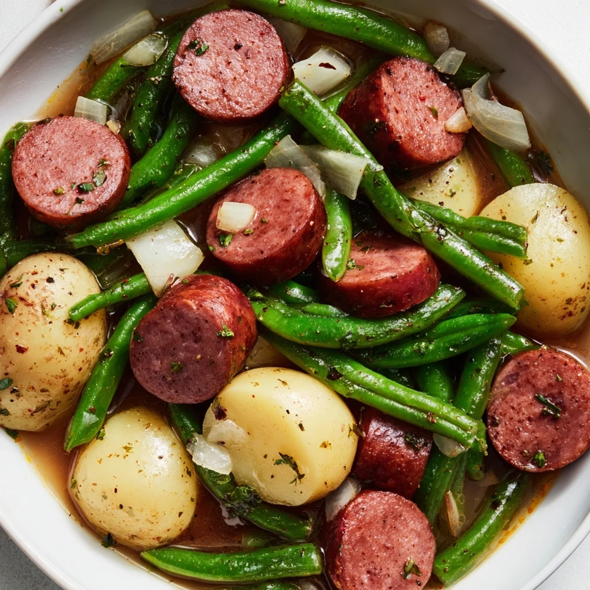 Hearty Crockpot Kielbasa and Green Beans one-pot meal featuring smoked sausage and fresh vegetables