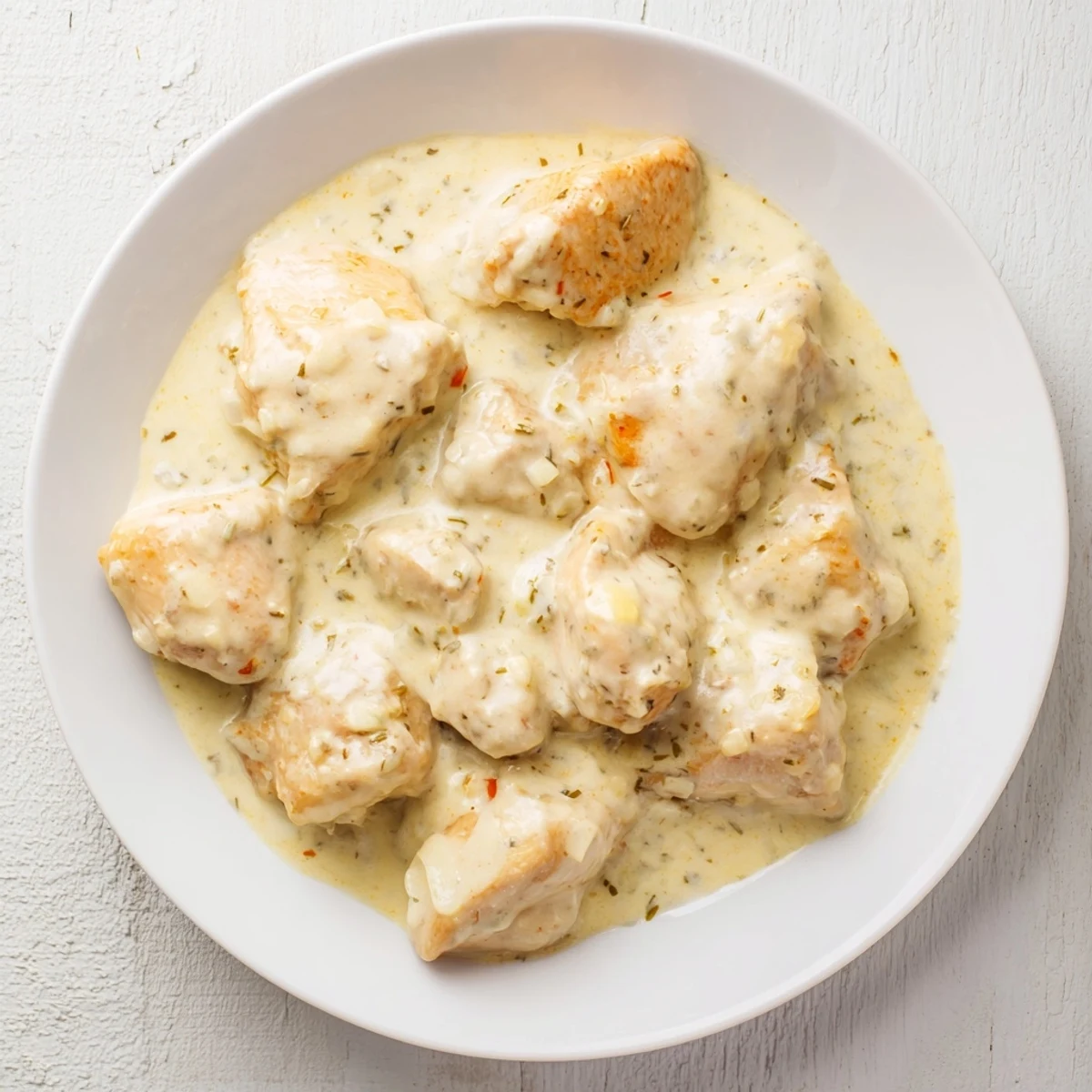 Tender slow cooker chicken thighs plated with velvety brown gravy over fluffy white mashed potatoes