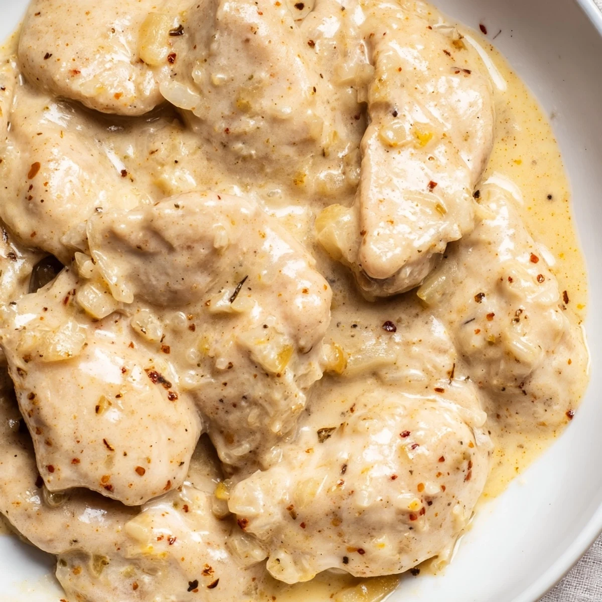 Creamy crockpot chicken thighs with savory herbs served in a white bowl alongside steamed green beans
