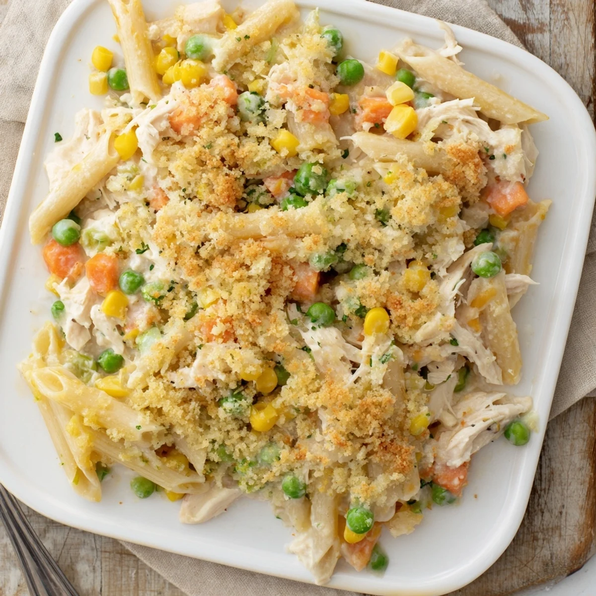 Golden brown chicken pot pie pasta baked with bubbling creamy sauce and crispy breadcrumb topping