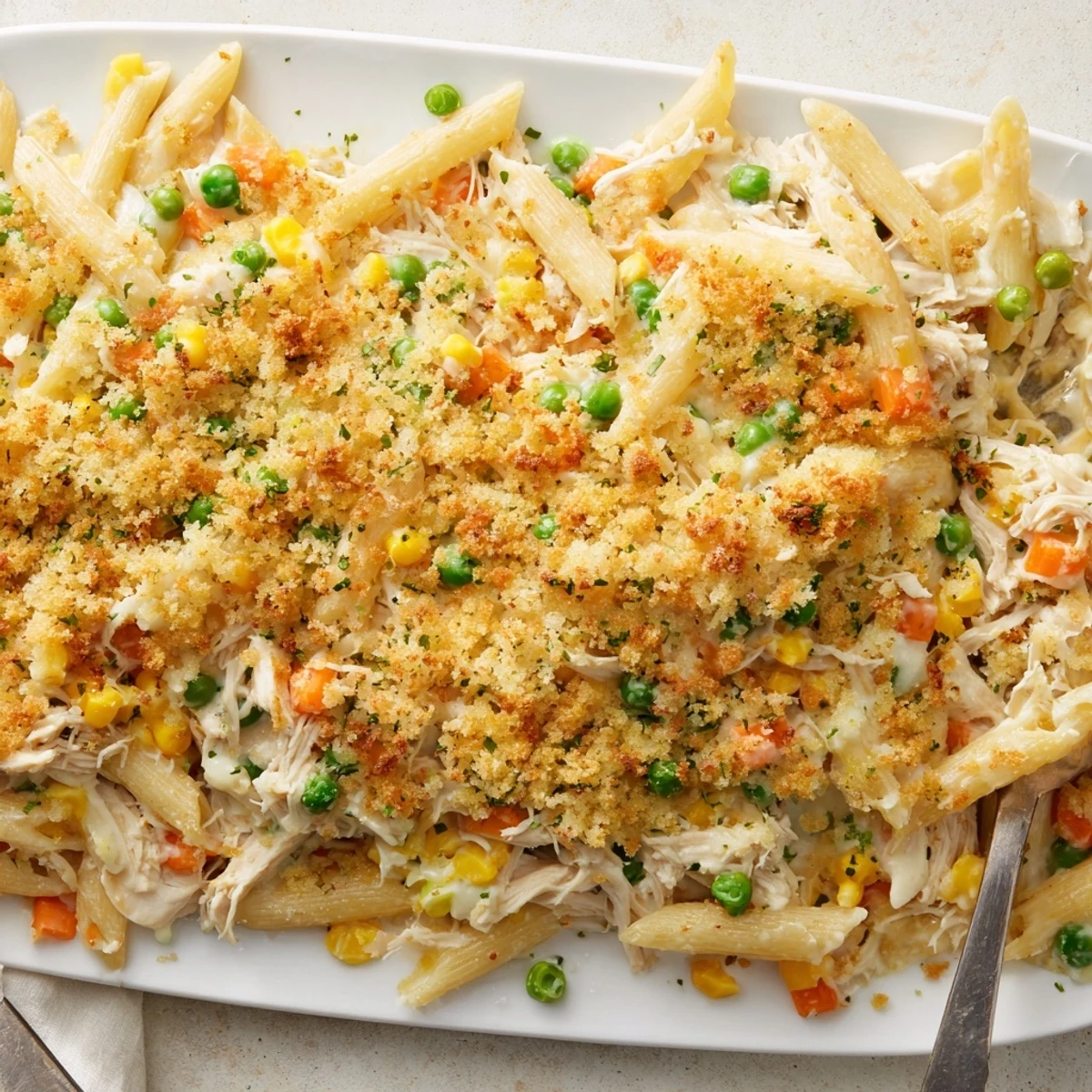 Hearty chicken pot pie pasta dish steaming hot with peas, carrots, and golden buttery crust