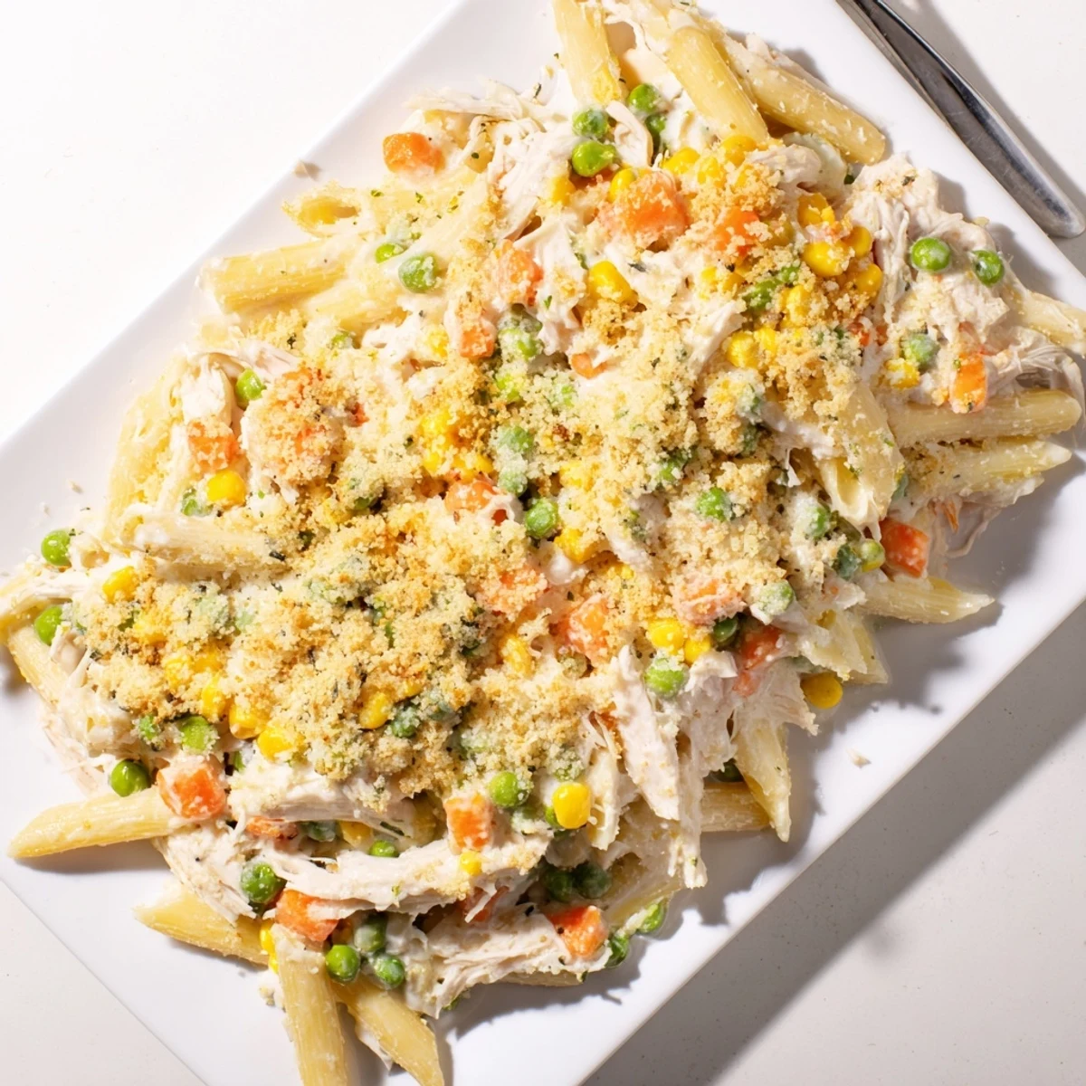 Comforting chicken pot pie pasta casserole with tender vegetables and melted parmesan cheese
