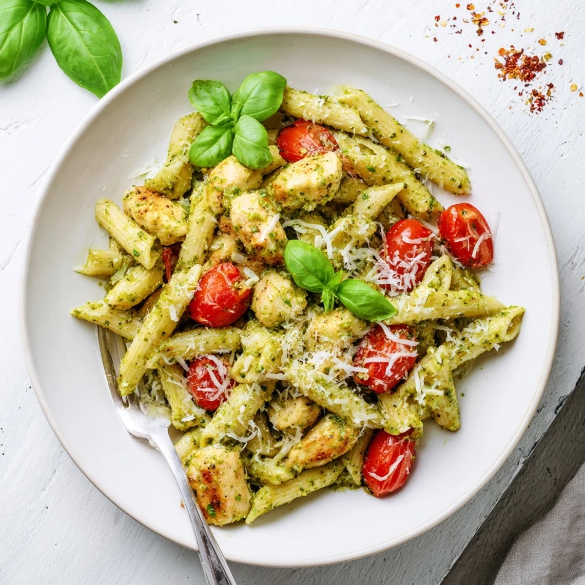 Creamy pesto chicken pasta featuring golden chicken pieces coated in rich green basil sauce with al dente penne