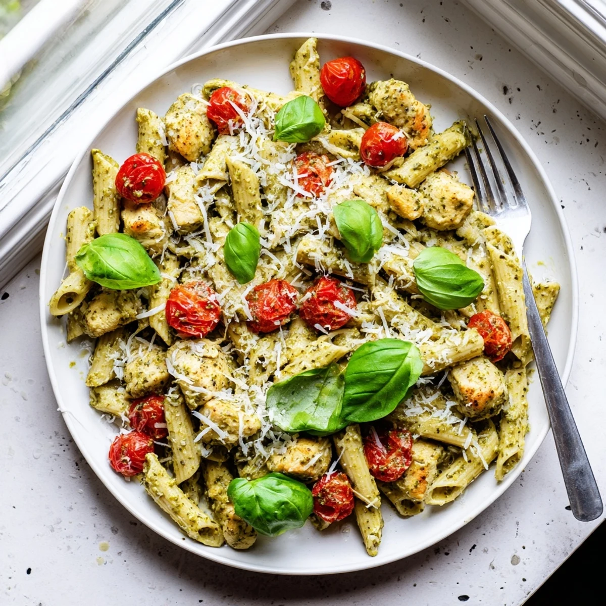 Steaming bowl of creamy pesto chicken pasta topped with fresh parmesan and tender sliced chicken breast