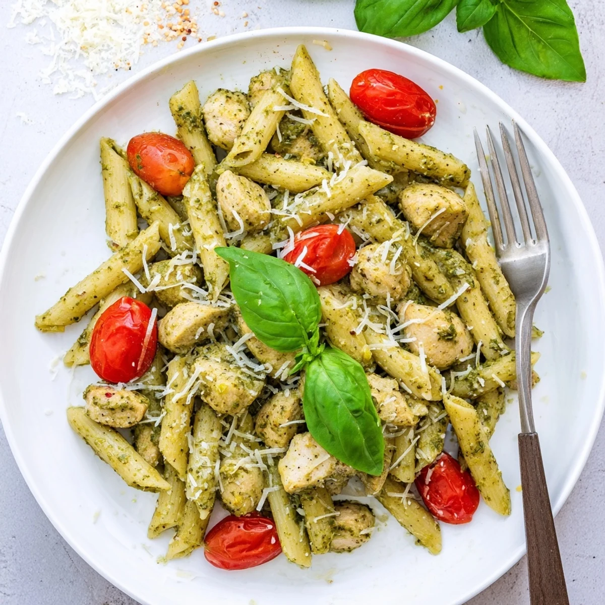 Close-up of creamy pesto chicken pasta showing vibrant green sauce clinging to pasta with juicy chicken chunks