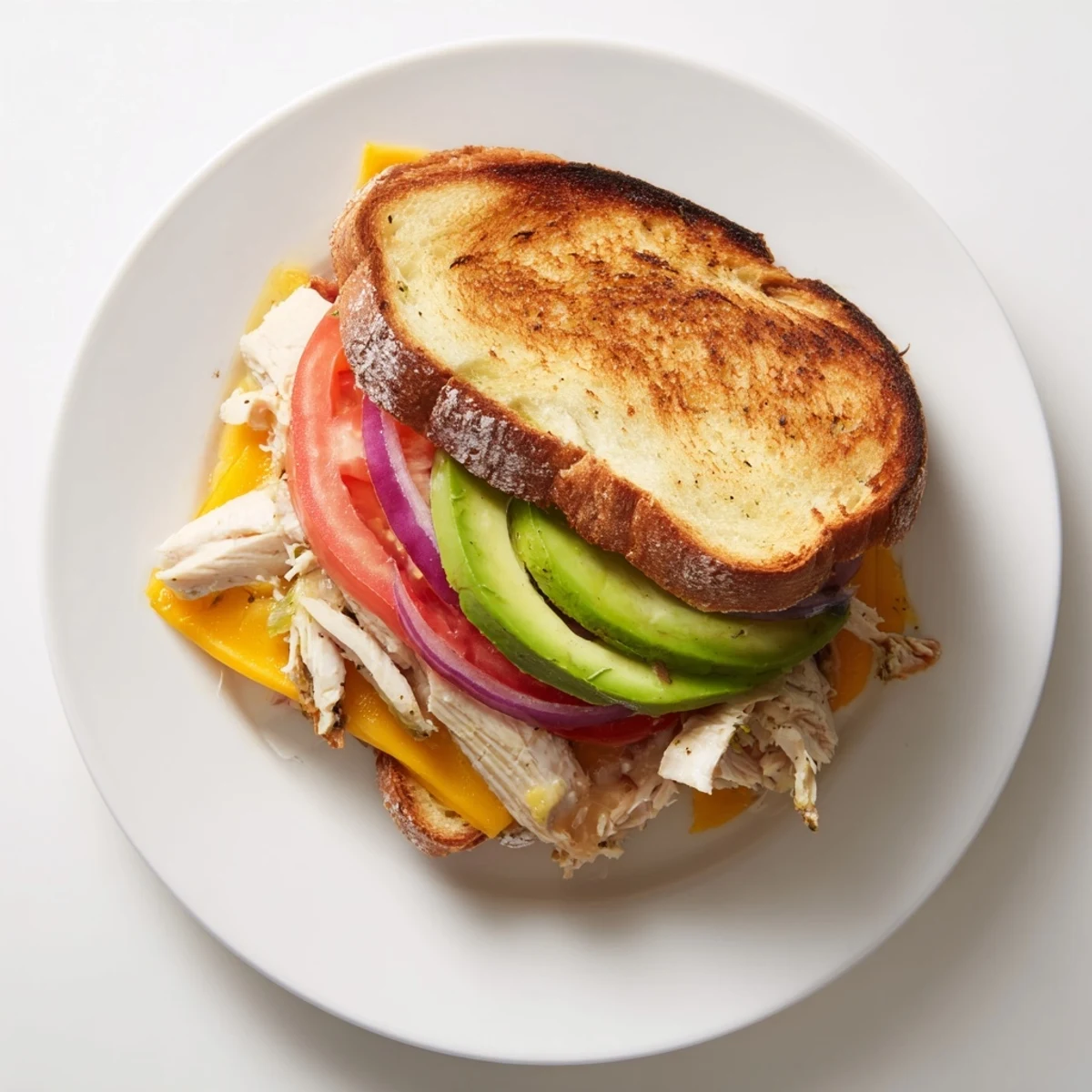 Golden brown chicken avocado melt sandwich with melted cheese oozing from toasted sourdough bread slices