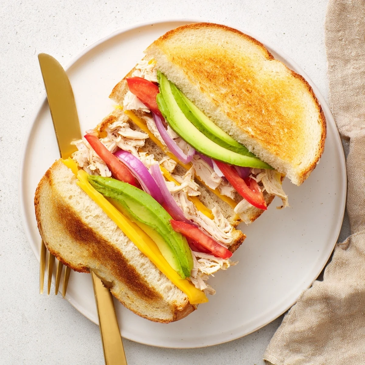 Warm chicken avocado melt sandwich served on a plate with fresh green salad and crispy sweet potato fries