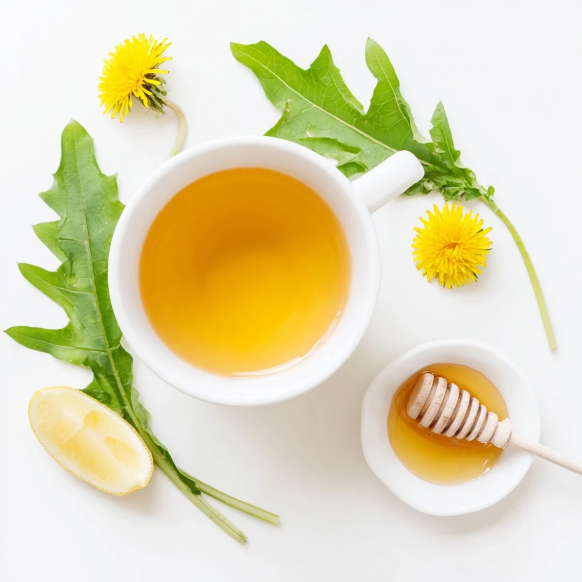 Golden amber dandelion tea steaming in a white ceramic cup with fresh dandelion flowers nearby
