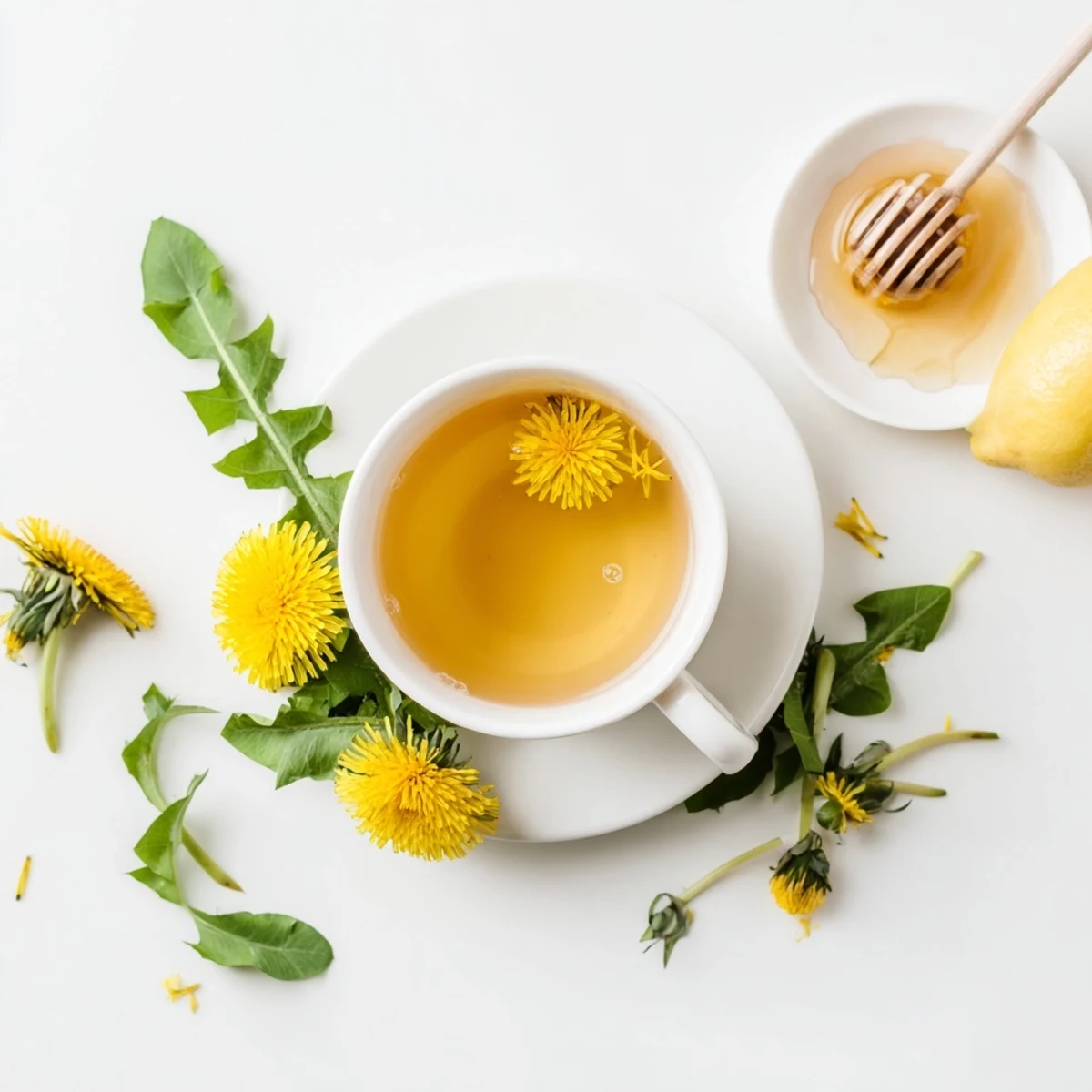 Light herbal dandelion tea infusion poured into glass mug garnished with lemon slice and honey drizzle