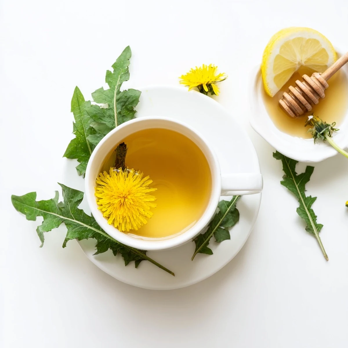 Warm earthy dandelion tea brewing in clear teapot with floating green petals and leaves visible