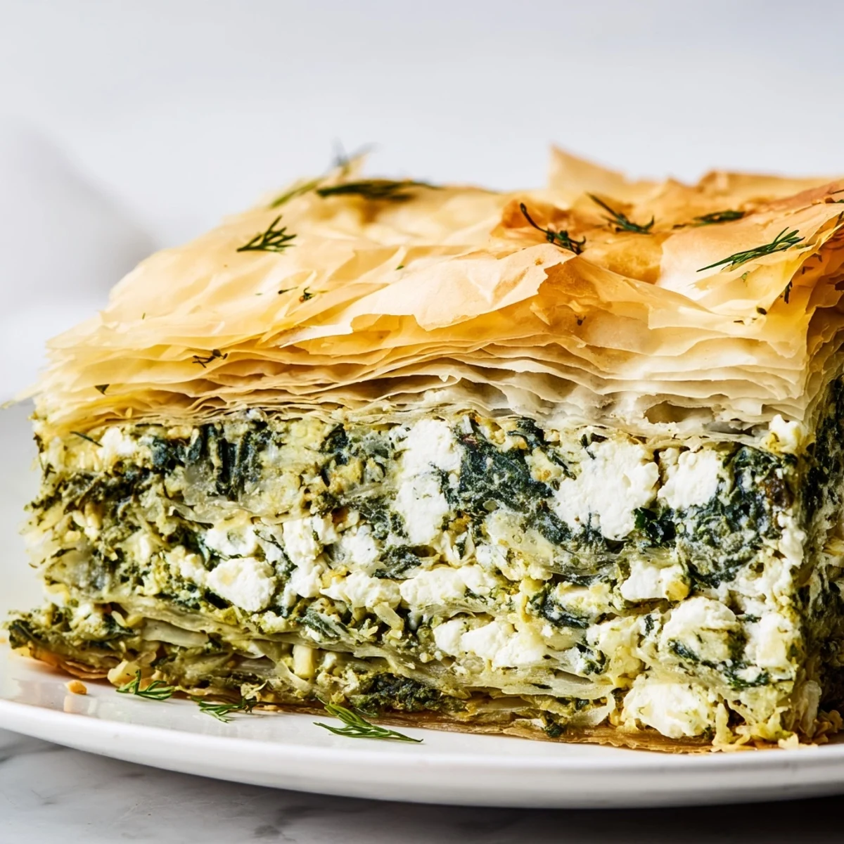 Authentic Greek spanakopita sliced into squares displaying golden layers and creamy green filling