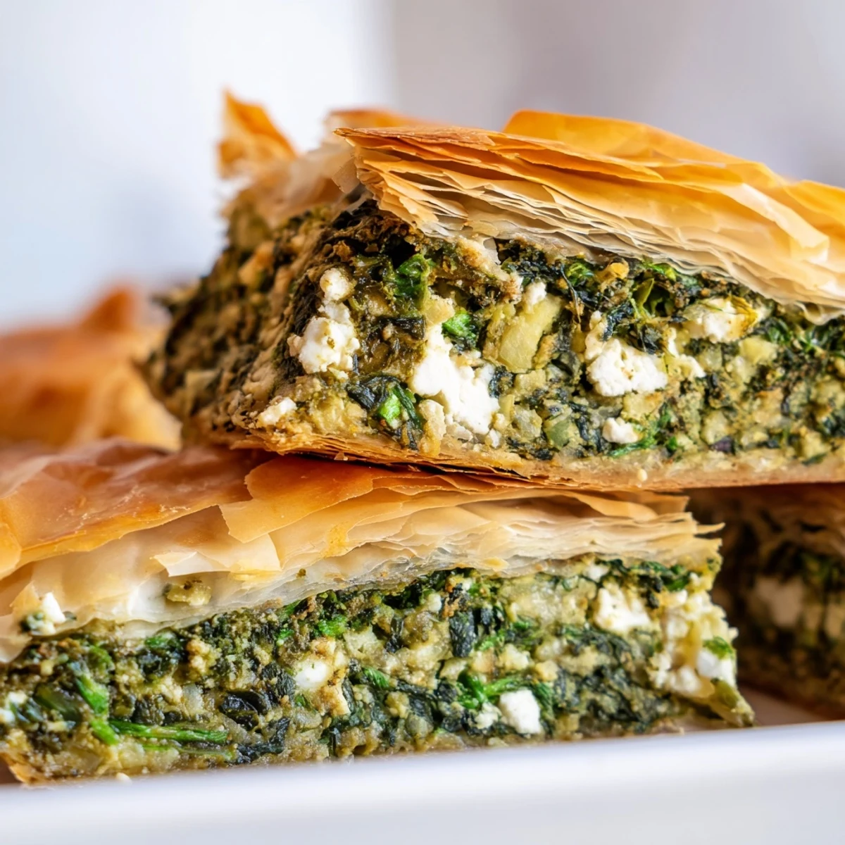 Savory Greek spanakopita pie featuring crisp buttery pastry and herb seasoned spinach cheese