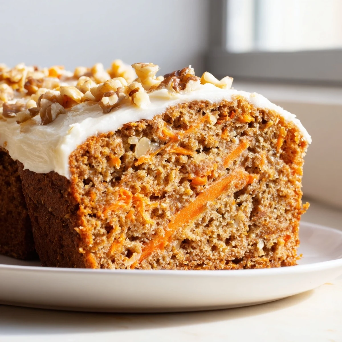 Moist carrot cake banana bread loaf topped with chopped walnuts on a wooden board