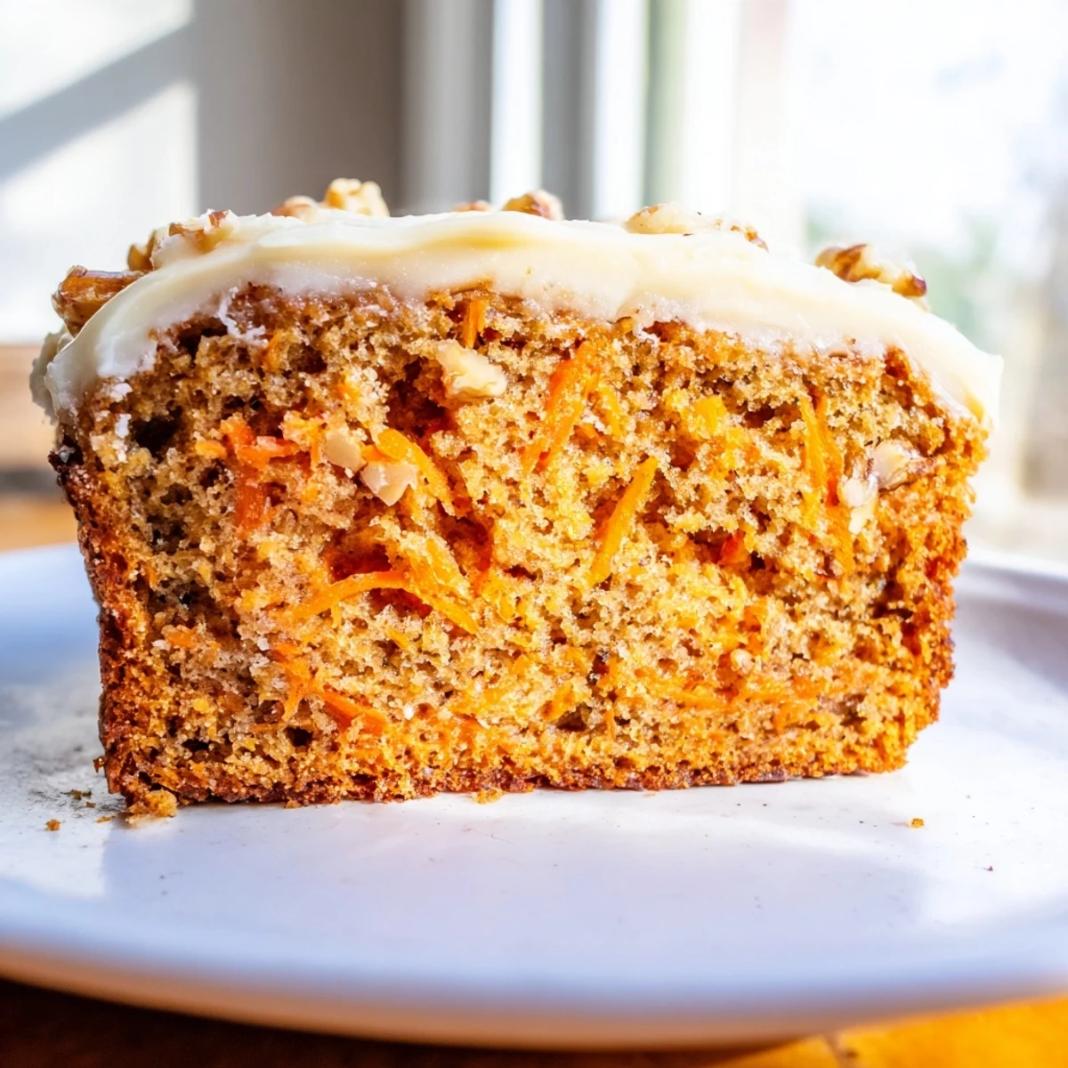 Golden spiced carrot cake banana bread slice with visible grated carrot shreds and cream cheese glaze