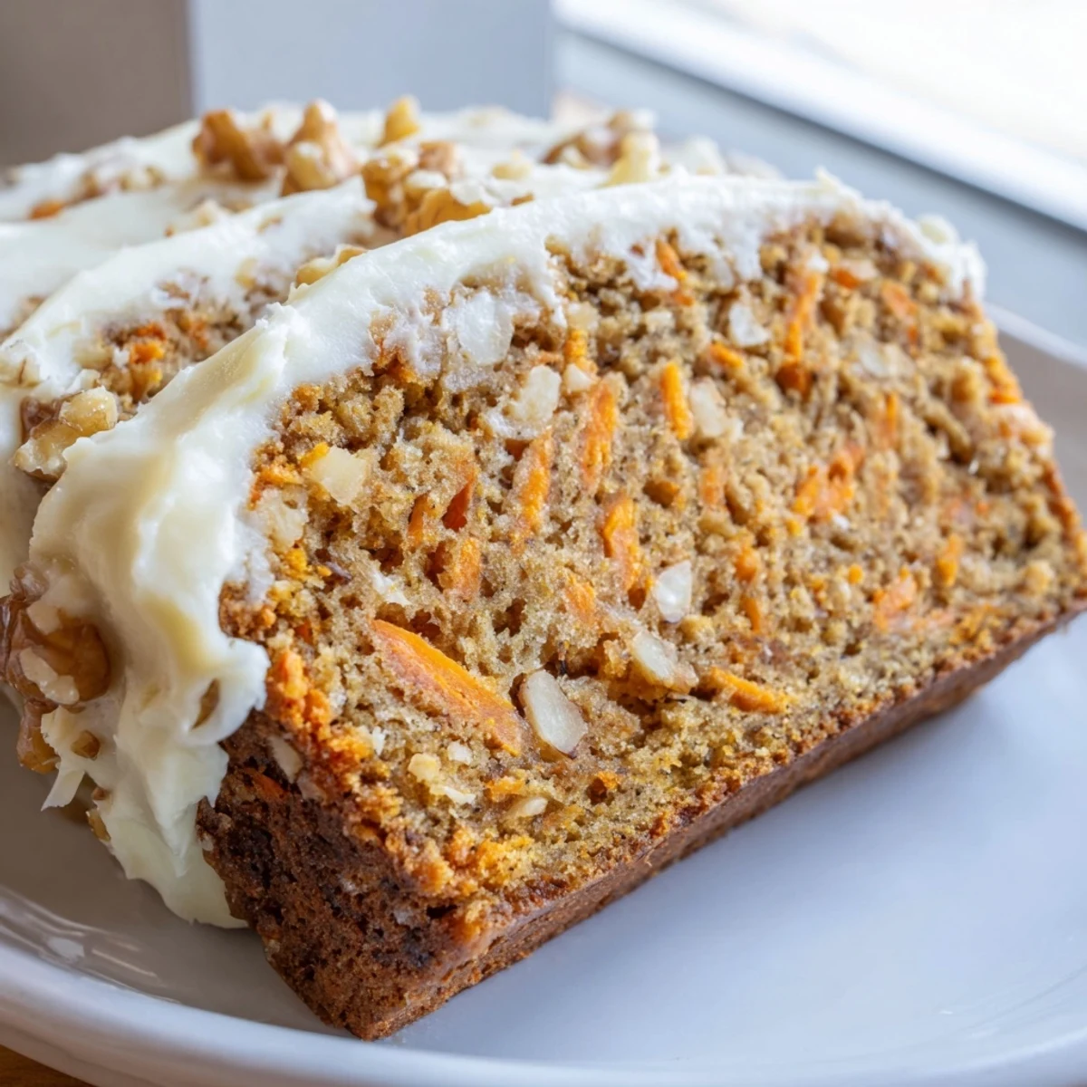 Freshly baked carrot cake banana bread cooling on wire rack with dusting of cinnamon powder