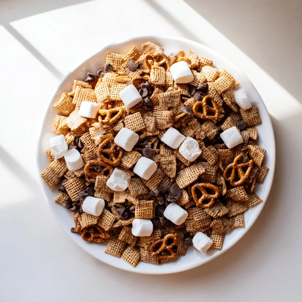 Crunchy pretzels and graham crackers mixed with melted chocolate and fluffy marshmallows for an easy s'mores snack mix recipe