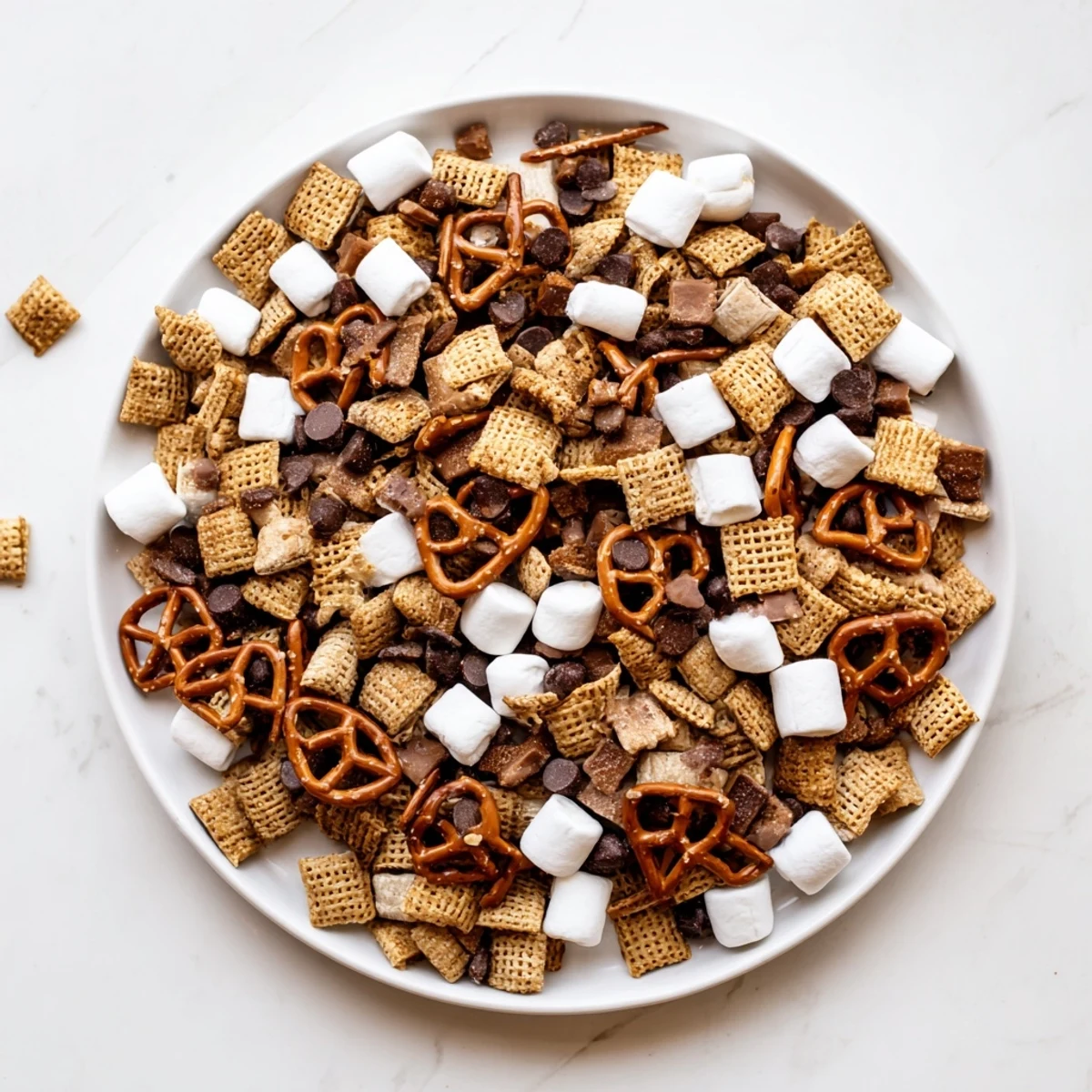Golden graham cereal, mini marshmallows, and pretzels tossed with milk chocolate chips in this s'mores snack mix recipe